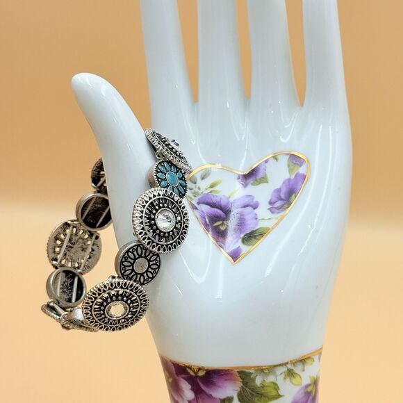 Boho Concho Stretch Bracelet - Faux Turquoise & Rhinestone - Western Style - Picture 2 of 5